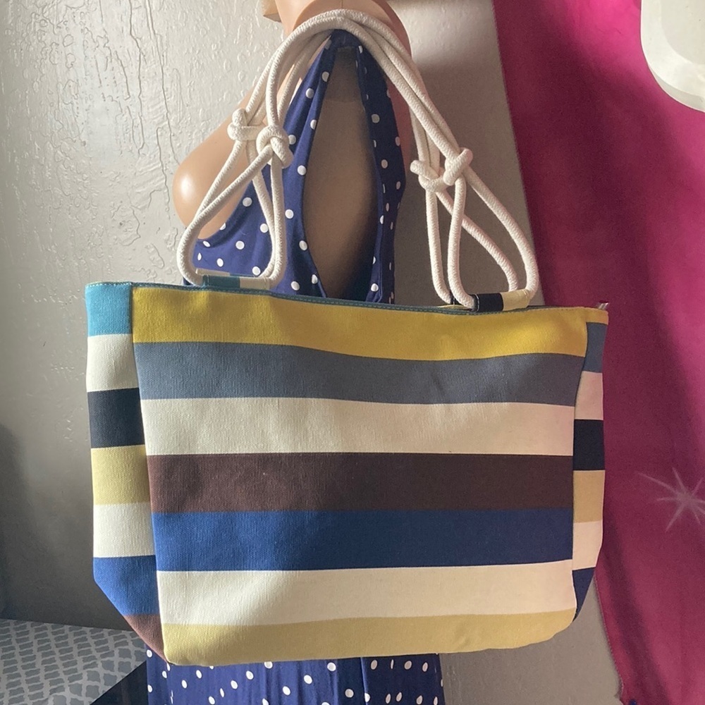 YELLOW MULTI COLORED STRIPED BEACH SUMMER TOTE